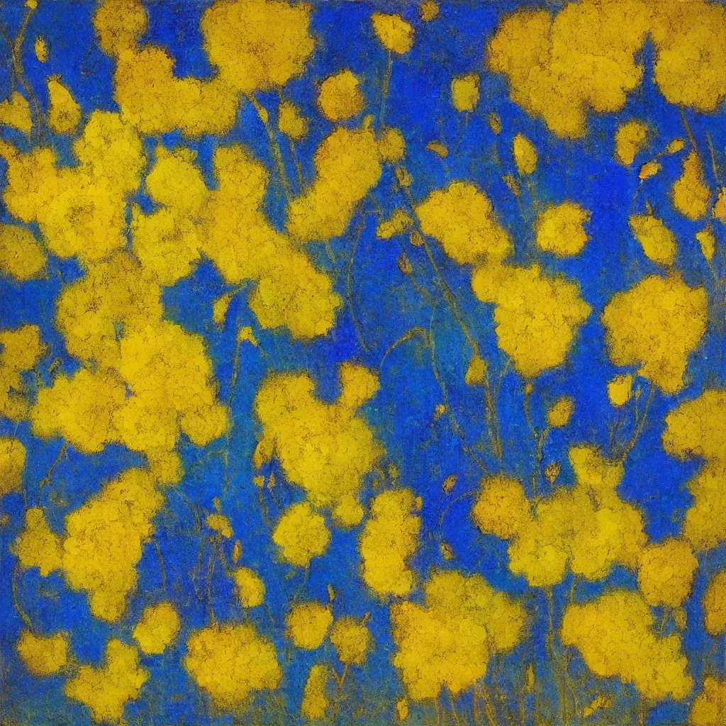 Image similar to “ yellow and blue flowers on background of golden leaves wall panel by odilon redon ”
