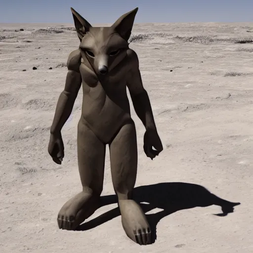Image similar to male anthro anthropomorphic human like fox demon monument stands on the moon,