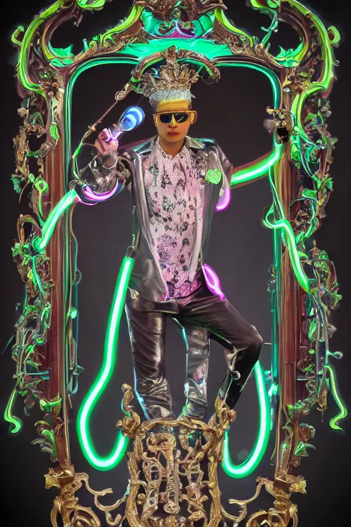 Prompt: full-body neon porcelain bladerunner and rococo style sculpture of a young handsome Cuban prince wearing cholo shades as a half android with a porcelain chest opening exposing circuitry and electric sparks, glowing laser beam eyes, crown of giant diamonds, flowing neon-colored silk, fabric, raptors. baroque elements. full-length view. baroque element. intricate artwork by caravaggio. many many birds birds on background. Trending on artstation, octane render, cinematic lighting from the right, hyper realism, octane render, 8k, depth of field, 3D