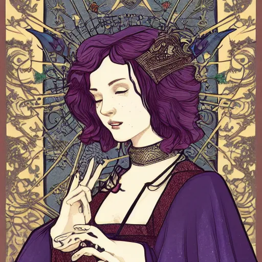 Prompt: a tarot card of teenage christina hendricks as a medieval noblewoman, fantasy, intricate, elegant, highly detailed, digital painting, artstation, concept art, matte, sharp focus, illustration, by hokusai and jeong seon