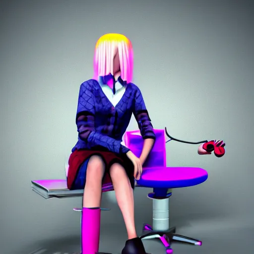 Image similar to high quality portrait of gaming girl with controller sitting futuristic tall chair, lollipop candy, fashion photo, cool lighting, 3D render, pastel color