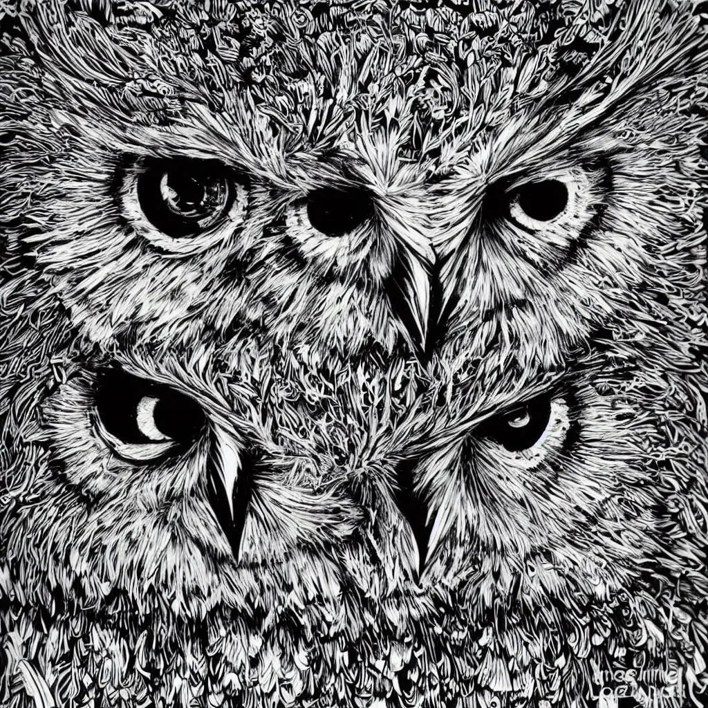 Prompt: black and white illustration head of a owl, super detailed, by dan mumford, by aaron horkey, high contrast.