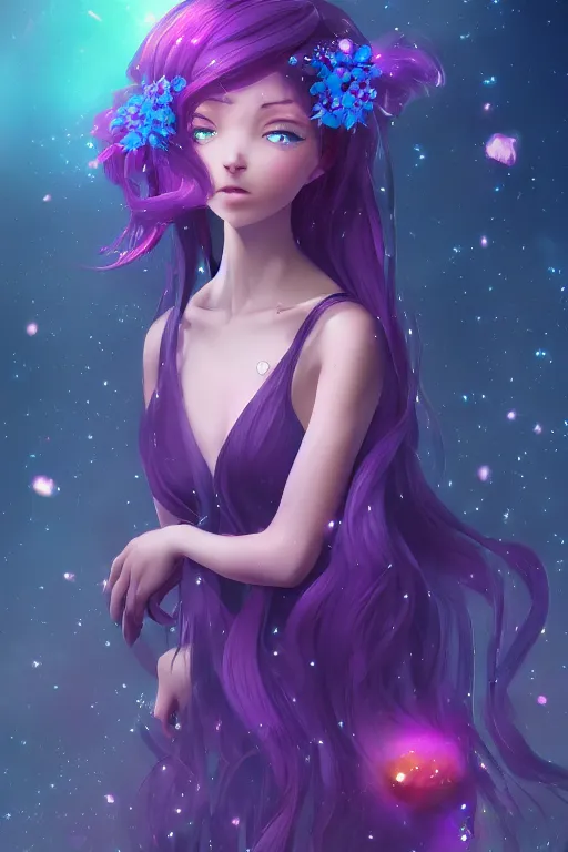 Prompt: 4k detailed portrait of a beautiful intimate woman with long purple cosmic hair and a beautiful flower dress covered in stars, by Ross Tran and Kuvshinov Ilya Anime, volumetric lighting, trending on artstation