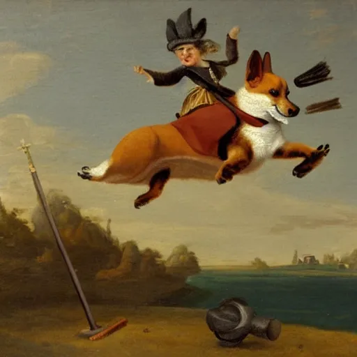 Prompt: dutch golden age painting of a corgi flying on a broomstick