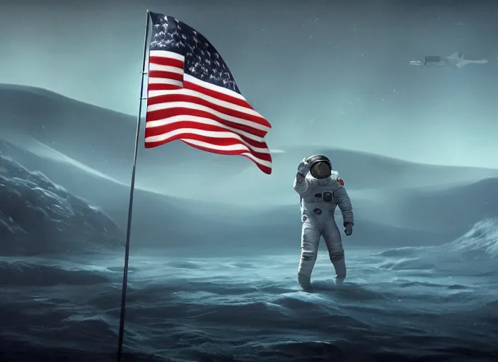 Image similar to astronaut holding a flag in an underwater desert. a submarine is visible in the distance. dark, concept art, cinematic, dramatic, atmospheric, 8 k, trending on artstation, blue, fish, low visibility, fog, ocean floor, christopher nolan, interstellar