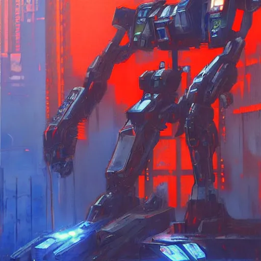 Prompt: arasaka mech, cyberpunk, art by jeff catherine jones, red and blue neon