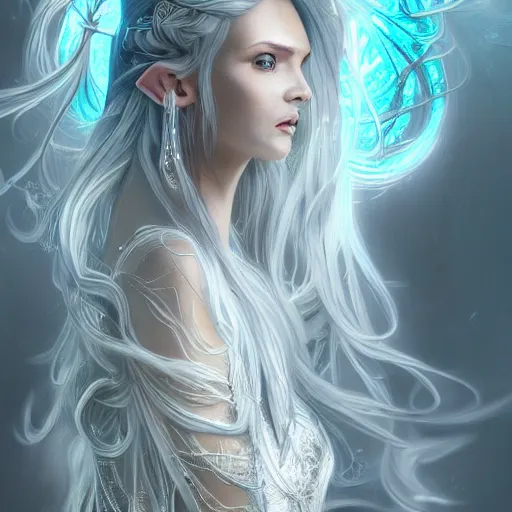 Prompt: an elven woman with long, silver hair cascading down her back. she has delicate, angular features and piercing blue eyes. she's clad in a flowing white dress with intricate silver embroidery, dynamic lighting, photorealistic fantasy concept art, trending on art station, stunning visuals, creative cinematic, ultra detailed