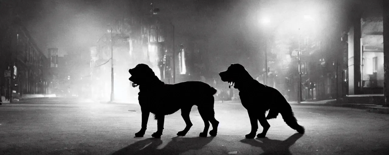 Image similar to A still frame from a noir movie in black and white featuring an old big black dog who is a private investigator, cinematic composition, dramatic lighting