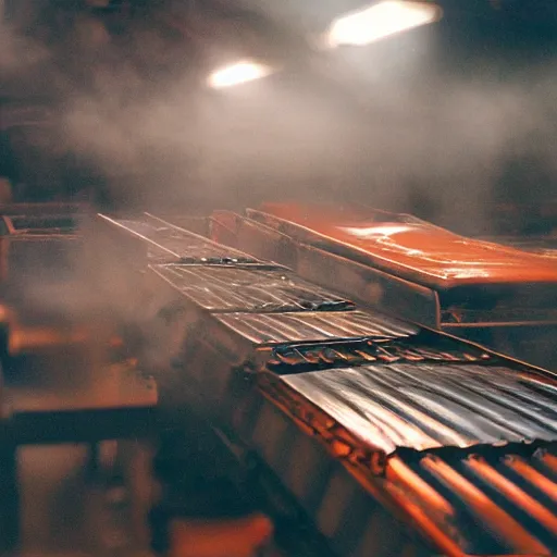 Image similar to toaster ovens on conveyor belt, dark messy smoke - filled cluttered workshop, dark, dramatic lighting, orange tint, sparks, cinematic, highly detailed, sci - fi, futuristic, movie still