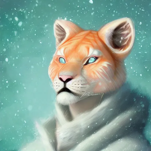 Image similar to aesthetic portrait commission of a albino male furry anthro Liger wearing a cute mint colored cozy soft pastel winter outfit, winter Atmosphere. Character design by charlie bowater, ross tran, artgerm, and makoto shinkai, detailed, inked, western comic book art, 2021 award winning painting