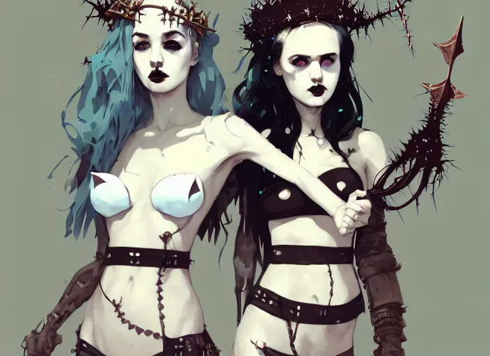 Image similar to portrait of two cute goth maiden girls with crown of thorns and white short hairs, dressed in belts bikini, warhammer, cyberpunk, by atey ghailan, by greg rutkowski, by greg tocchini, by james gilleard, by joe gb fenton, by kaethe butcher, dynamic lighting, gradient light blue, brown, blonde cream and white color in scheme, grunge aesthetic