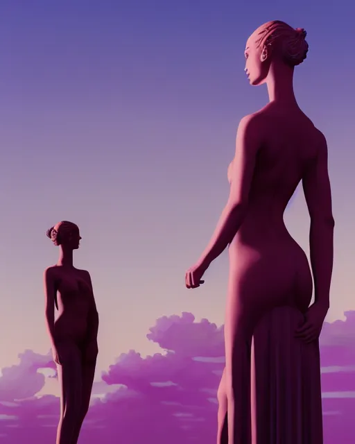 Image similar to a painting of a woman standing in front of a statue, a screenshot by stanley twardowicz, cgsociety, aestheticism, aesthetic, vaporwave, anime aesthetic