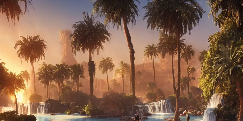 Image similar to beautiful oasis waterfalls surrounded by palm trees moroccan tile archways, date trees, ivory towers sunset peter morbacher ross tran angelarium greg rutkowski alchemy luxury heavenly light soft illumination, trending on artstation cinematic lighting digital painting octane render, artgerm