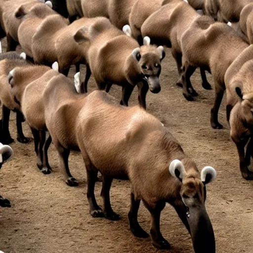 Image similar to cinematic film still of rows of pairs of various african mammals lined up to enter Noah's ark, directed by Steven Spielberg,