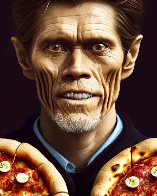 Prompt: portrait of willem dafoe looking at pizza, upper half portrait, decorated with chinese opera motifs, asian, bian lian, traditional chinese art, intricate, elegant, highly detailed, symmetry, digital painting, artstation, concept art, smooth, sharp focus, illustration, art by artgerm and greg rutkowski and alphonse mucha, 8 k