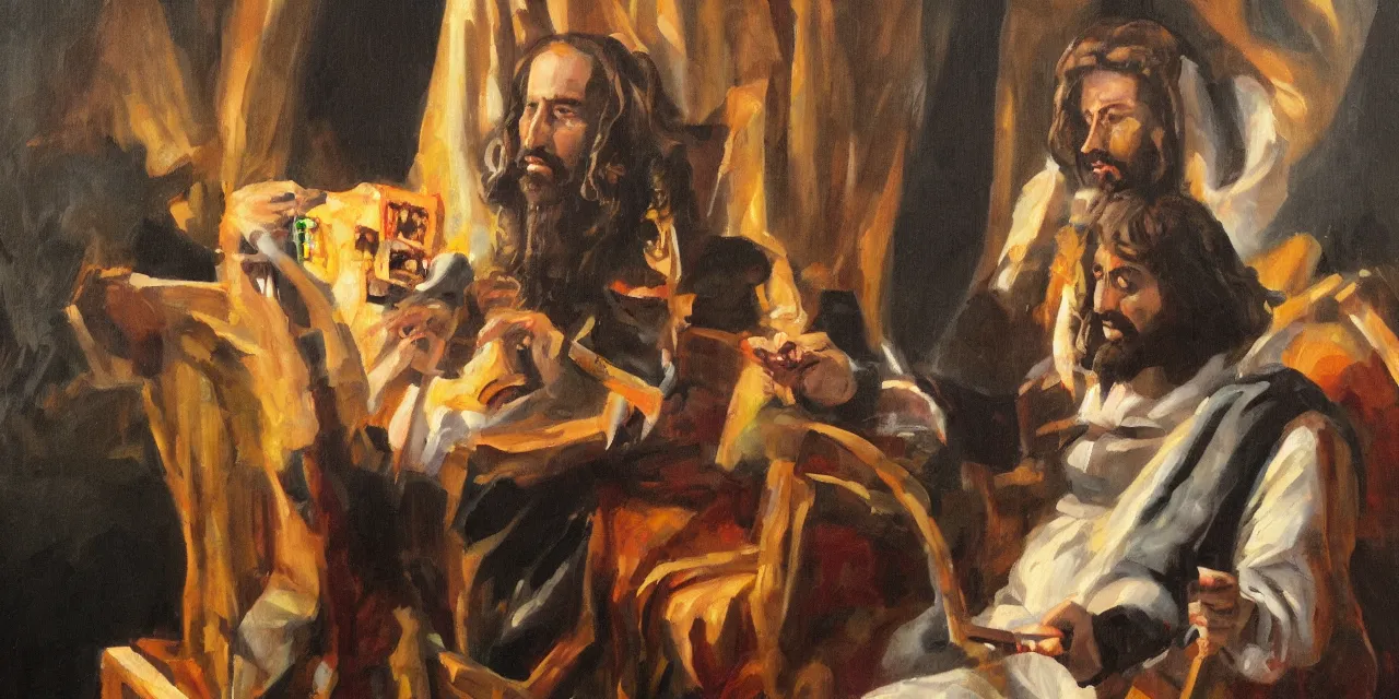 Image similar to oil paint on canvas, caricature of jesus playing a video game on the throne