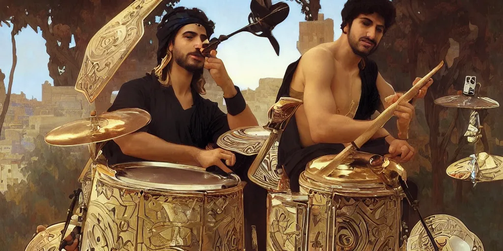 Prompt: a middle eastern rock drummer playing a modern rock drumset, the cymbals are replaced by ceramic food dishes, elegant, highly detailed, digital painting, artstation, concept art, smooth, sharp focus, illustration, art by artgerm and greg rutkowski and alphonse mucha and william - adolphe bouguereau