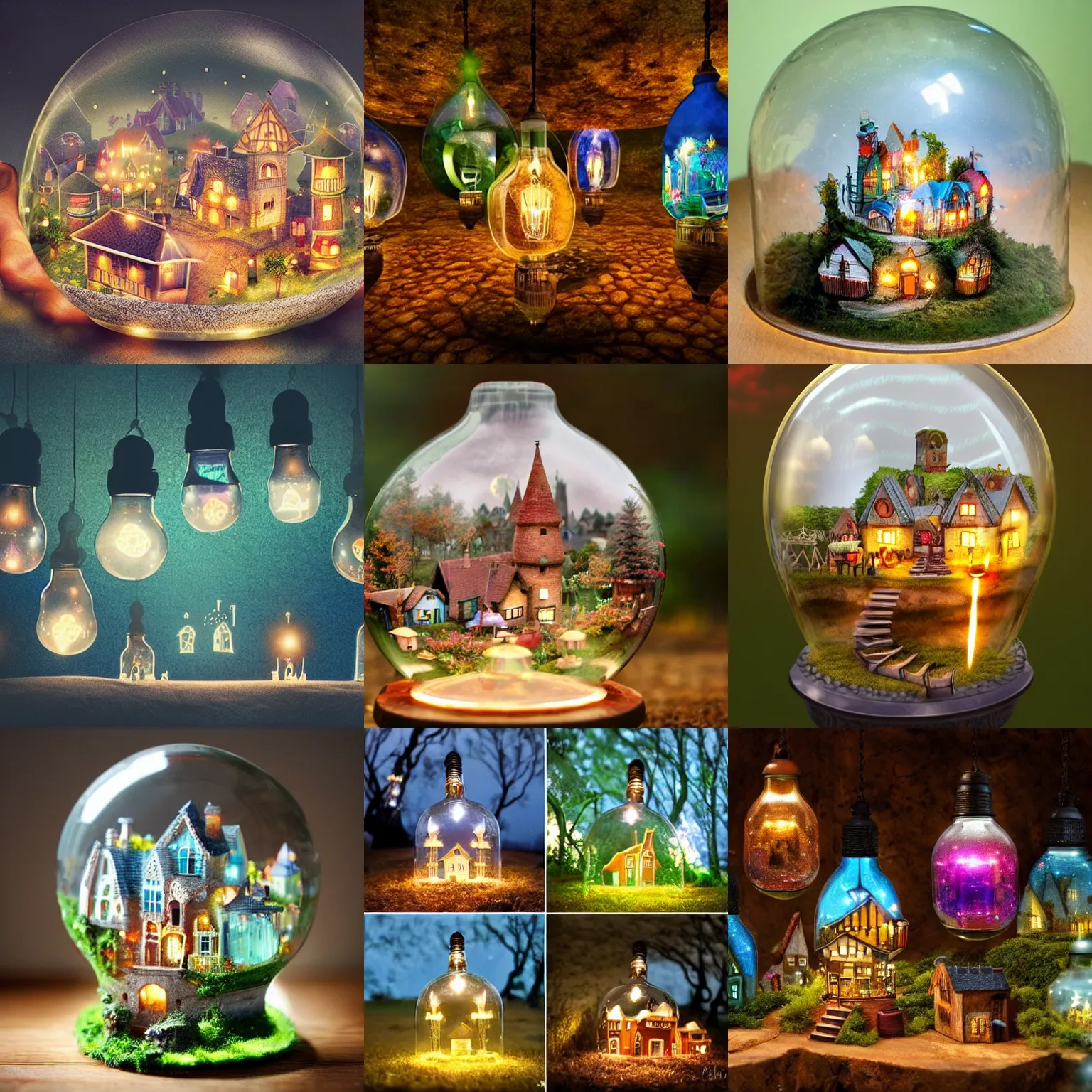 Prompt: magical fantasy village inside a glass lightbulb