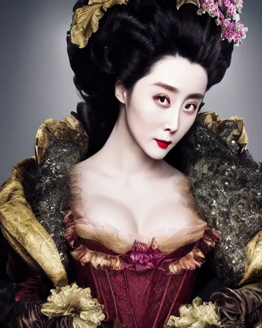 Prompt: fan bingbing as milady de winter, styling by Tom Eerebout & Sandra Amador, clear makeup, clean hair, dry skin, clear skin, airbrushed, bright eye makeup, warrior body, photo by mario testino, 8k octane render, cinematic, hyper detailed, micro details, insanely detailed, trending on artstation, concept art