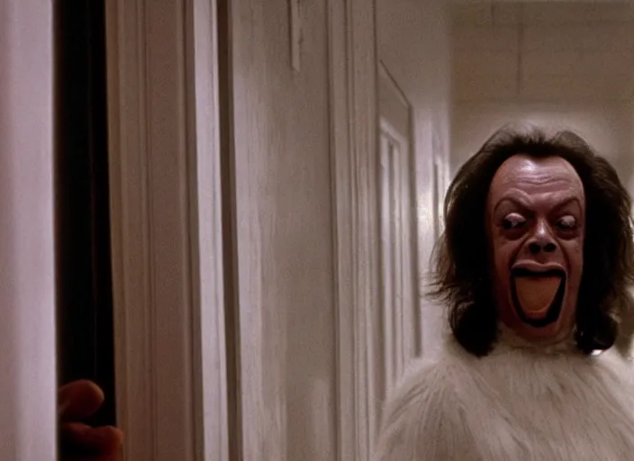 Prompt: a scene from The Shining with Tim Curry