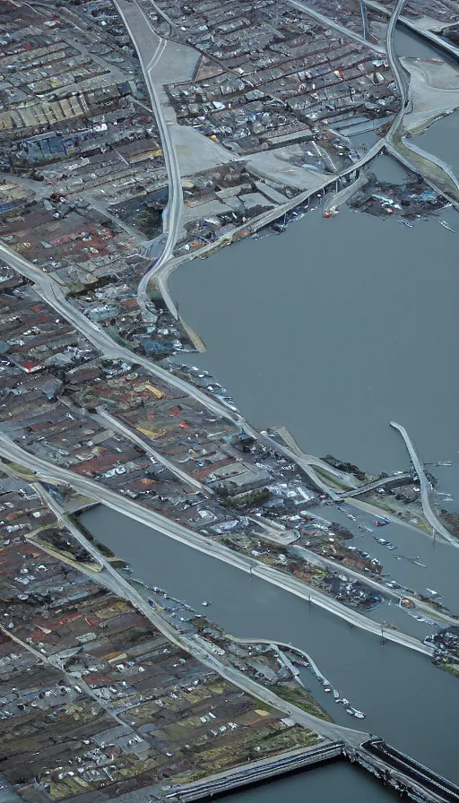 Image similar to colour 35mm film photograph of a scifi storm surge barrier. modern architecture. aerial perspective. very epic!! film grain