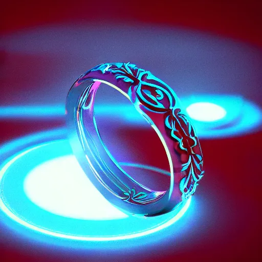 Image similar to a fantasy ring, blue glow, realistic reflections, intricate details, cinematic lighting, depth of field, octane render