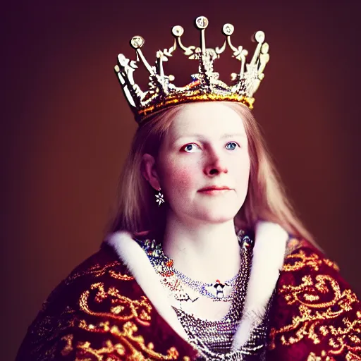 Image similar to portrait photograph of a very beautiful Scandinavian queen with ornate cloak, bokeh, graflex camera, macro 20mm