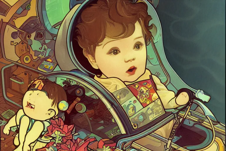 Prompt: a baby in a spaceship, very detailed, smooth render, illustration, art style by shigeru miyamoto and Alphonse Mucha