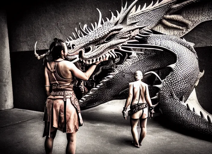 Image similar to scared female warrior who came only to look at the real dragon, symmetrical, cinematic, real photography