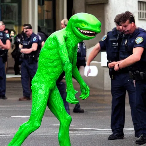 Image similar to fbi arresting a green alien