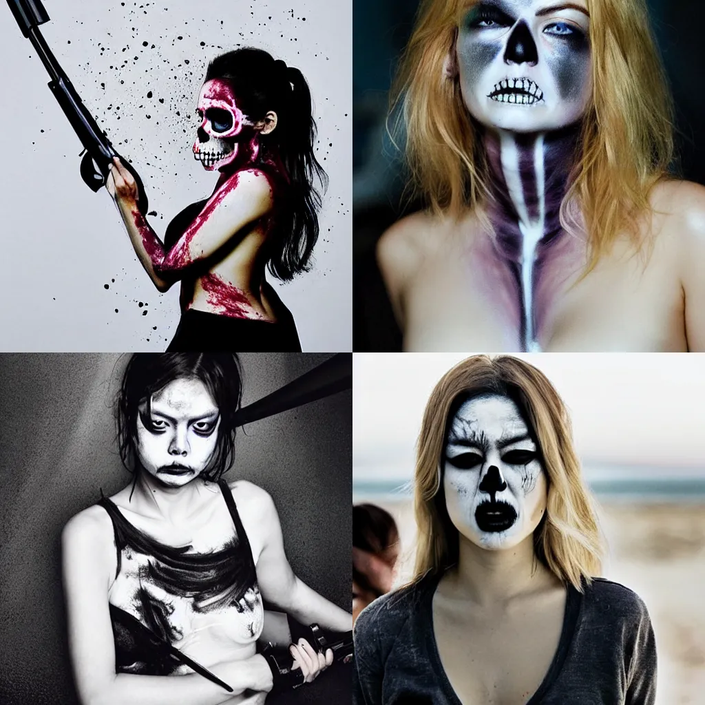 Prompt: in the style of Akihito Tsukushi, Samara Weaving with skull paint on her face, full body, holding a shotgun