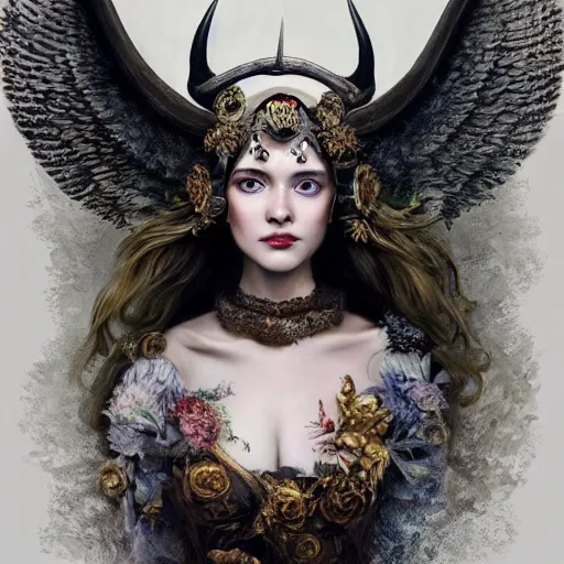 Image similar to A masterpiece ultrarealistic ultradetailed portrait of a Incredibly beautiful angel princess with Royal Tevton Knight Skull Full Iron Closed Helmet with Big Iron Bull Horns . baroque renaissance girl in the night forest. medium shot, intricate, elegant, highly detailed. trending on artstation, digital art, by Stanley Artgerm Lau, WLOP, Rossdraws, James Jean, Andrei Riabovitchev, Marc Simonetti, Yoshitaka Amano. background by James Jean and Gustav Klimt, light by Julie Bell, 4k, porcelain skin.