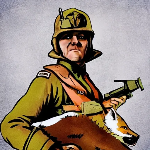 Image similar to fox animal dressed as a soldier in the style of a ww 2 propaganda poster