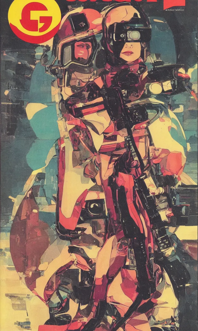 Image similar to 1979 OMNI Magazine Cover depicting a portrait of a Beautiful woman wearing a Gucci kimono and AR goggles, Cyberpunk Akira style by Vincent Di Fate