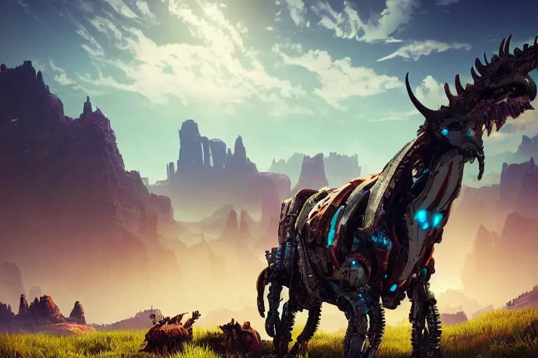 Image similar to grimhorn fanghorn machine mecanical creature robot of horizon forbidden west horizon zero dawn bioluminiscence global illumination ray tracing hdr fanart arstation by ian pesty and alena aenami artworks in 4 k