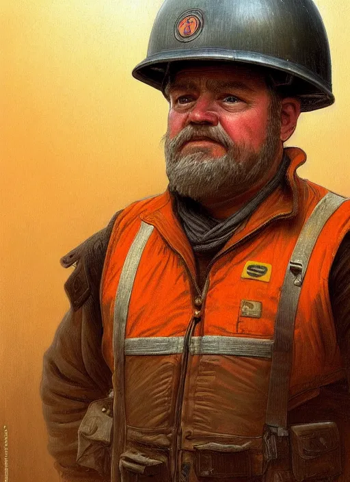 Image similar to a russian railroad electrician!!!, male!!, wearing orange vest!! helmet, straps, siberian forest!!, portrait, dirty, fat, ugly, intricate, elegant, highly detailed, digital painting, artstation, concept art, wallpaper, smooth, sharp focus, illustration, art by artgerm and greg rutkowski and alphonse mucha