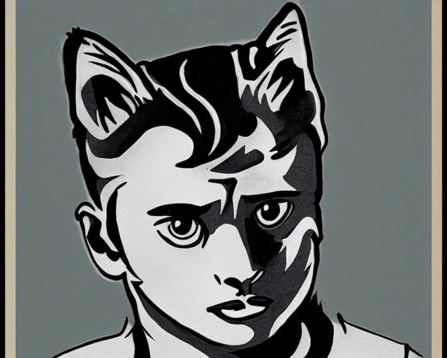 Image similar to A grey short haired cat with black stripes, Illustrated by James Dean