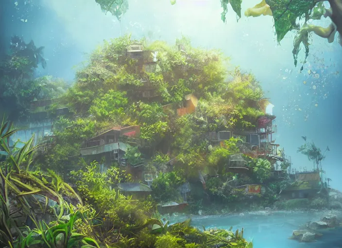 Image similar to overgrown foliage overtaking favela, underwater environment, scenery, professional, award - winning, trending on artstation, detailed, realistic, beautiful, emotional, shiny, golden, picture