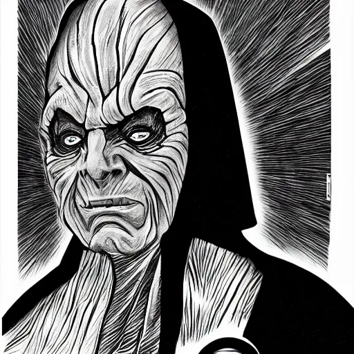 Image similar to Emperor Palpatine portrait in the style of Junji Ito. Manga. Black & White. Gothic. Horror. Exquisitely detailed. 4K.