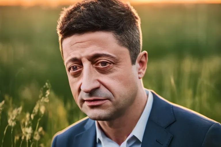 Prompt: a highly detailed cinematic headshot portrait photograph of a sad and crying big yellow blue tears president zelensky stood in a field, golden hour, ultra realistic, depth, beautiful lighting, by annie leibovitz, hasselblad, 1 0 0 mm, bokeh, photorealistic, hyperrealistic, octane, masterpiece