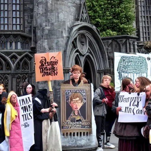 Prompt: Harry Potter protesting in front of Hogwarts