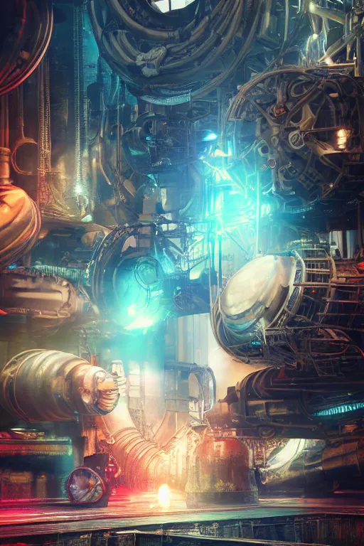 Prompt: a movie poster, movie is tripmachine, realistic digital art, 3 d render of a huge futuristic steampunk generator inside a steampunk machinery, 8 k, fluorescent colors, halluzinogenic, multicolored, exaggerated detailed, unreal engine