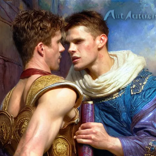 Image similar to attractive male arthur pendragon confesses his love to attractive male merlin. highly detailed painting by gaston bussiere, craig mullins, j. c. leyendecker 8 k