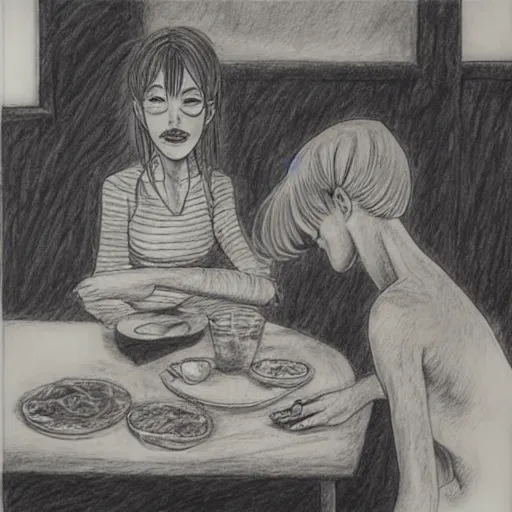 Image similar to A woman at dinner eating raw meat, Highly detailed ,horrible,pencil drawing, by Junji Ito