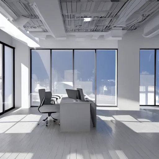 Image similar to a white empty pink office with sun rays looming down, with a pool inside, dynamic lighting, photorealistic concept art, trending on art station, stunning visuals, creative, cinematic, ultra detailed, ray tracing