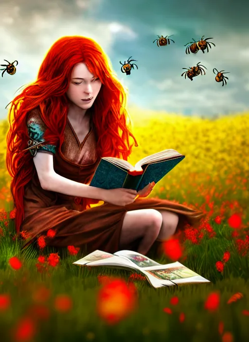 Image similar to An epic fantasy comic book style portrait painting of a young red headed girl reading a book in a field of flowers surrounded by bees, unreal 5, DAZ, hyperrealistic, octane render, cosplay, RPG portrait, dynamic lighting