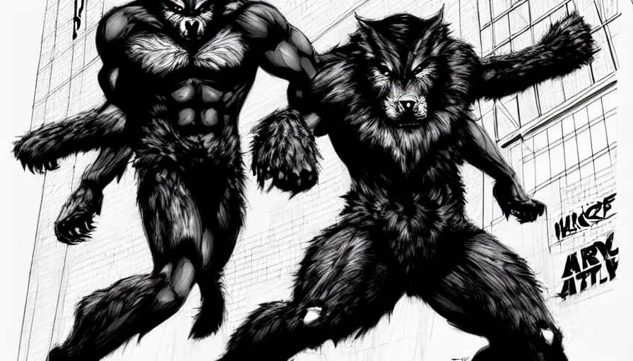 Image similar to in the style of artgerm, steve niles, rafael albuquerque, large hairy werewolf, shopping mall at night, horror scary terror