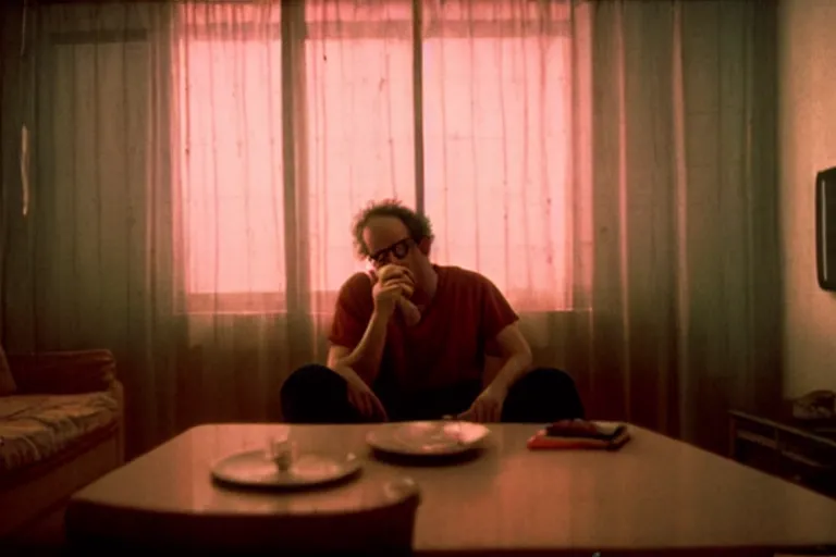 Image similar to old israeli apartment, todd solondz drinking alone, smoking, vaporwave colors, state of melancholy, romantic, dimmed lights, realistic