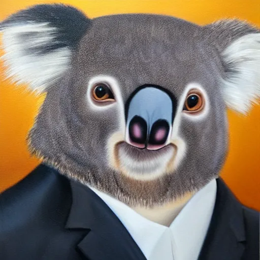 Prompt: oil painting portrait of a koala bear wearing a suit, formal and serious mood, darker colors