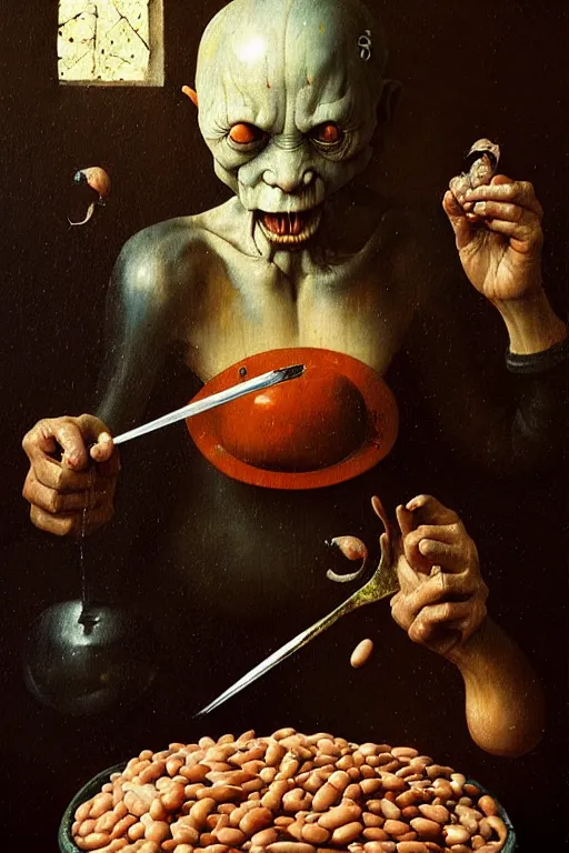 Prompt: hieronymus bosch, greg rutkowski, anna podedworna, painting of a vtubers eating beans